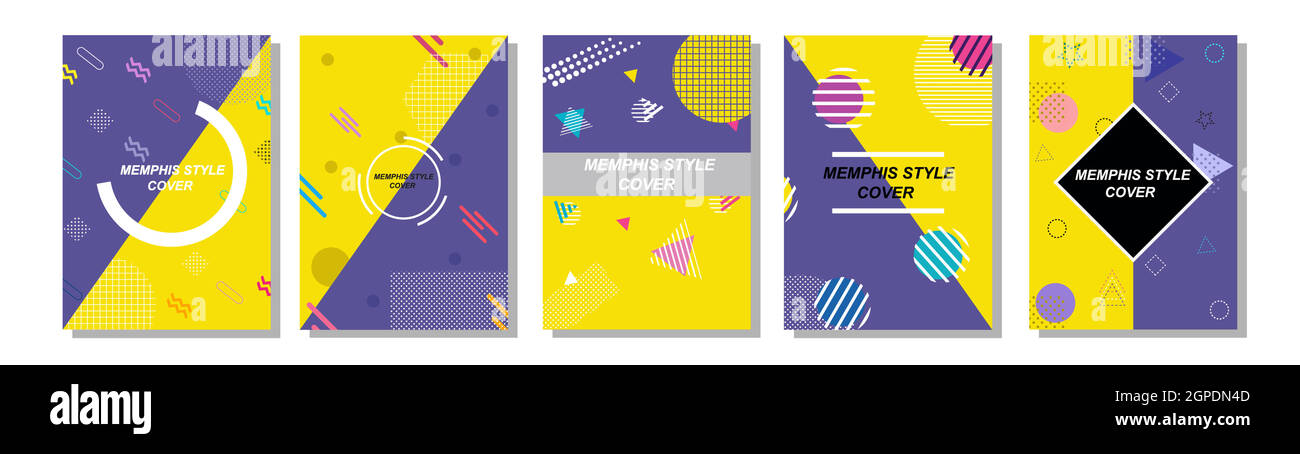 Set von Memphis Style Abdeckungen. Flache Vektorgrafiken für Hintergrund, Broschüren, Poster und Banner. Stock Vektor