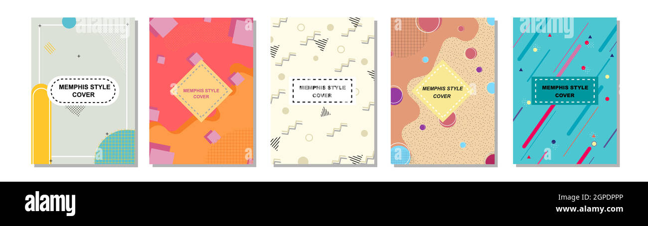 Set von Memphis Style Abdeckungen. Flache Vektorgrafiken für Hintergrund, Broschüren, Poster und Banner. Stock Vektor
