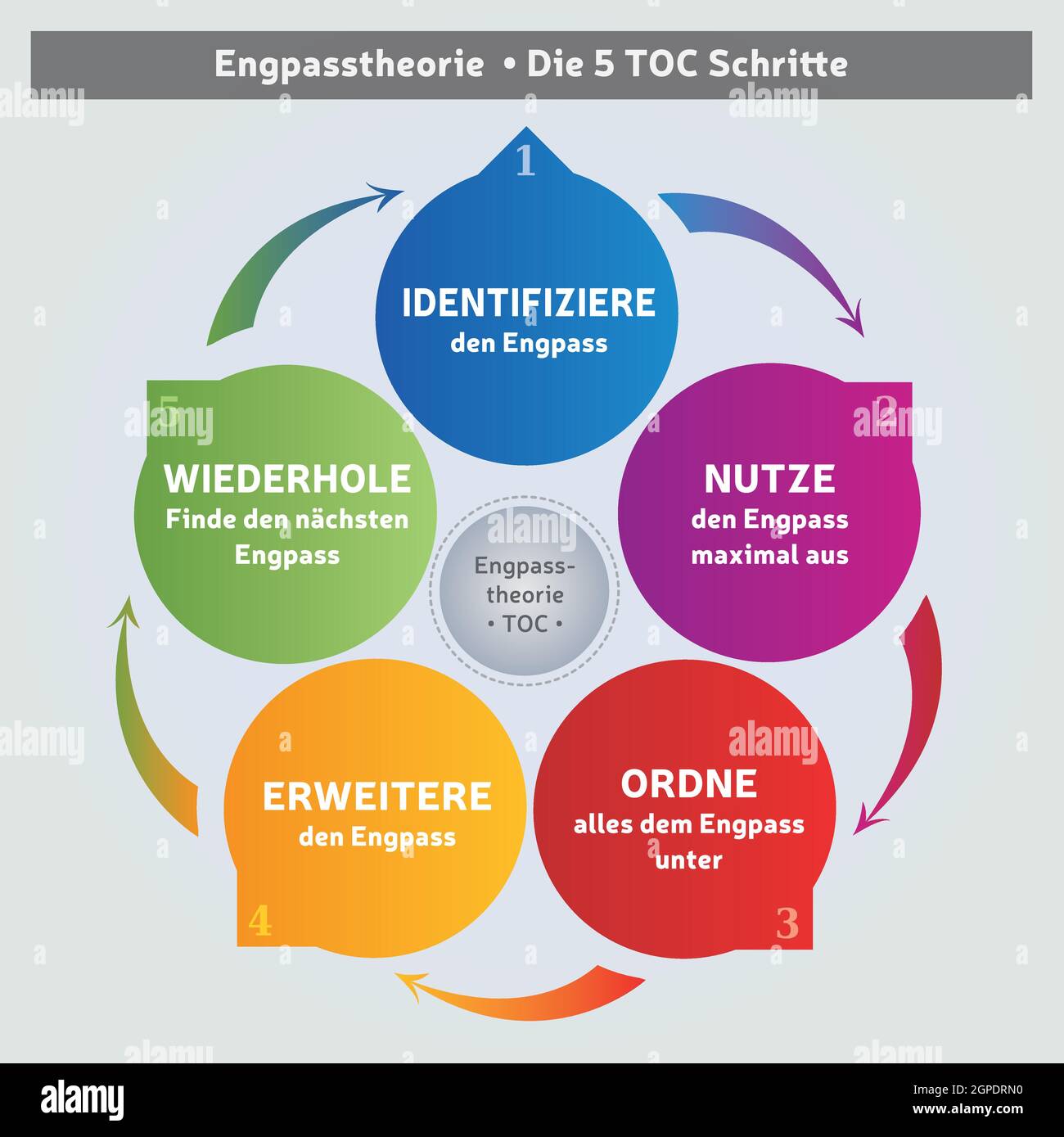 Theorie der Zwänge Methodik - Diagramm - 5 Schritte - Coaching Tool - Business Management in deutscher Sprache Stock Vektor