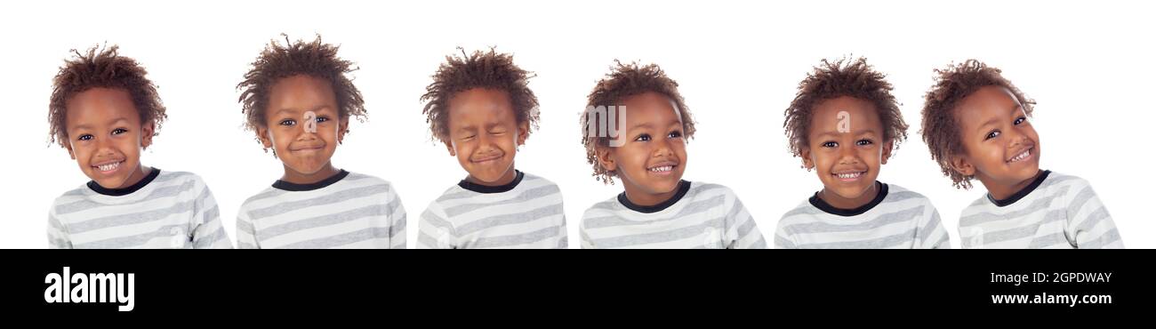 Viele Bilder von afrikanischen Kind, das dumme Gesichter auf weißem Hintergrund Stockfoto