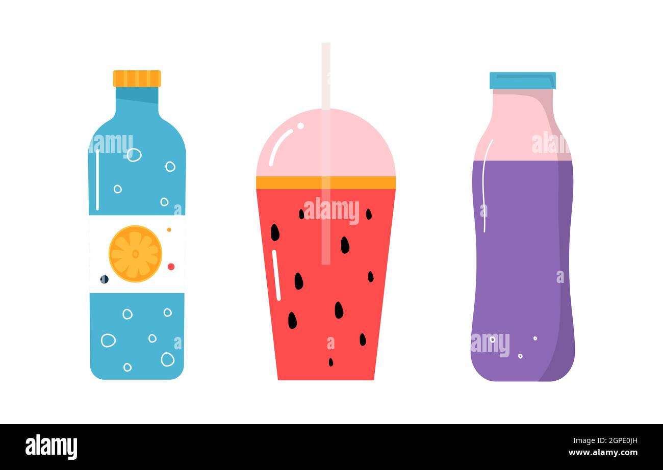 Set aus Flaschen mit Zitronenwasser, Smoothie Wassermelone, Milchshake. Und gezeichneten trendigen Vektor-Illustrationen. Cartoon-Stil. Flaches Design. Stock Vektor