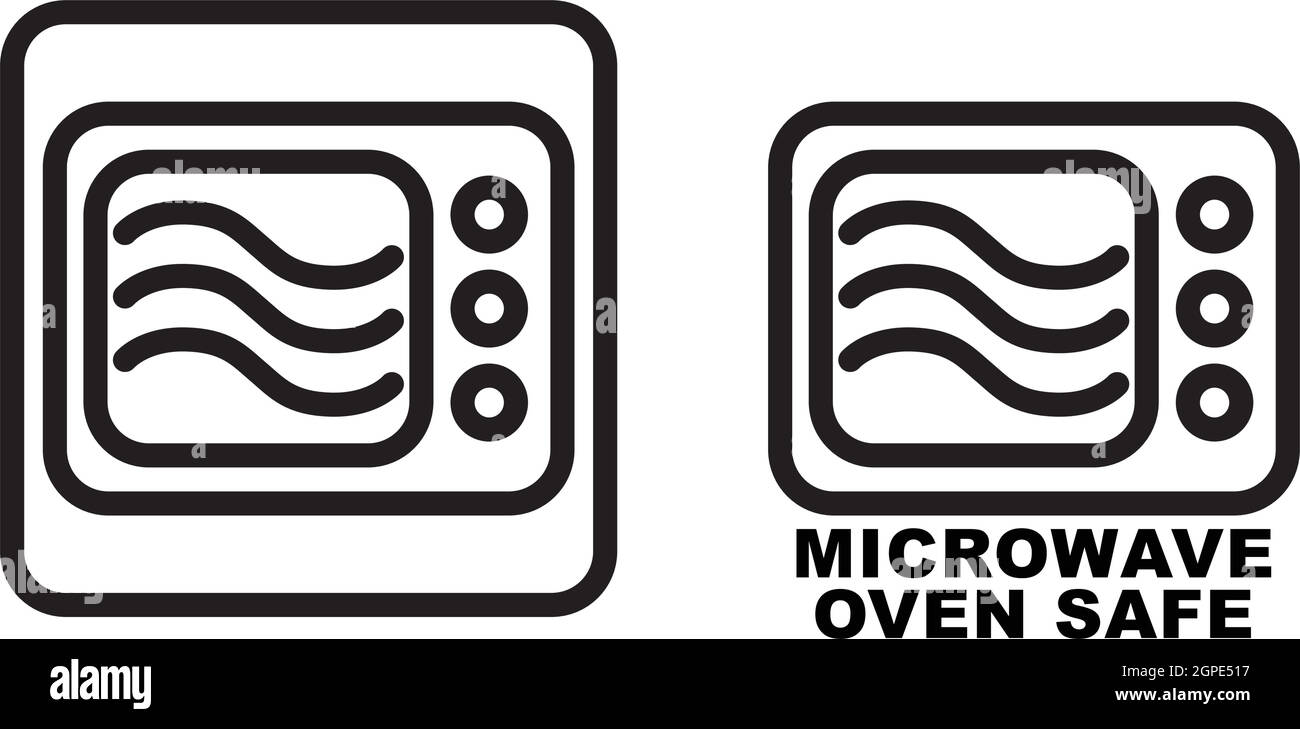 Mikrowelle Safe container Symbol. Einfache schwarze Linien Backofen Zeichnung mit drei wave Kurven im Inneren. Grafik nur Symbol und auch Version mit Text. Stock Vektor