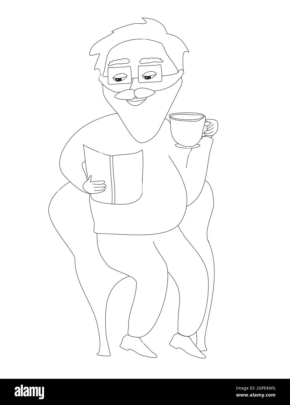 Der alte Mann liest ein Buch und trinkt Kaffee Stockfoto