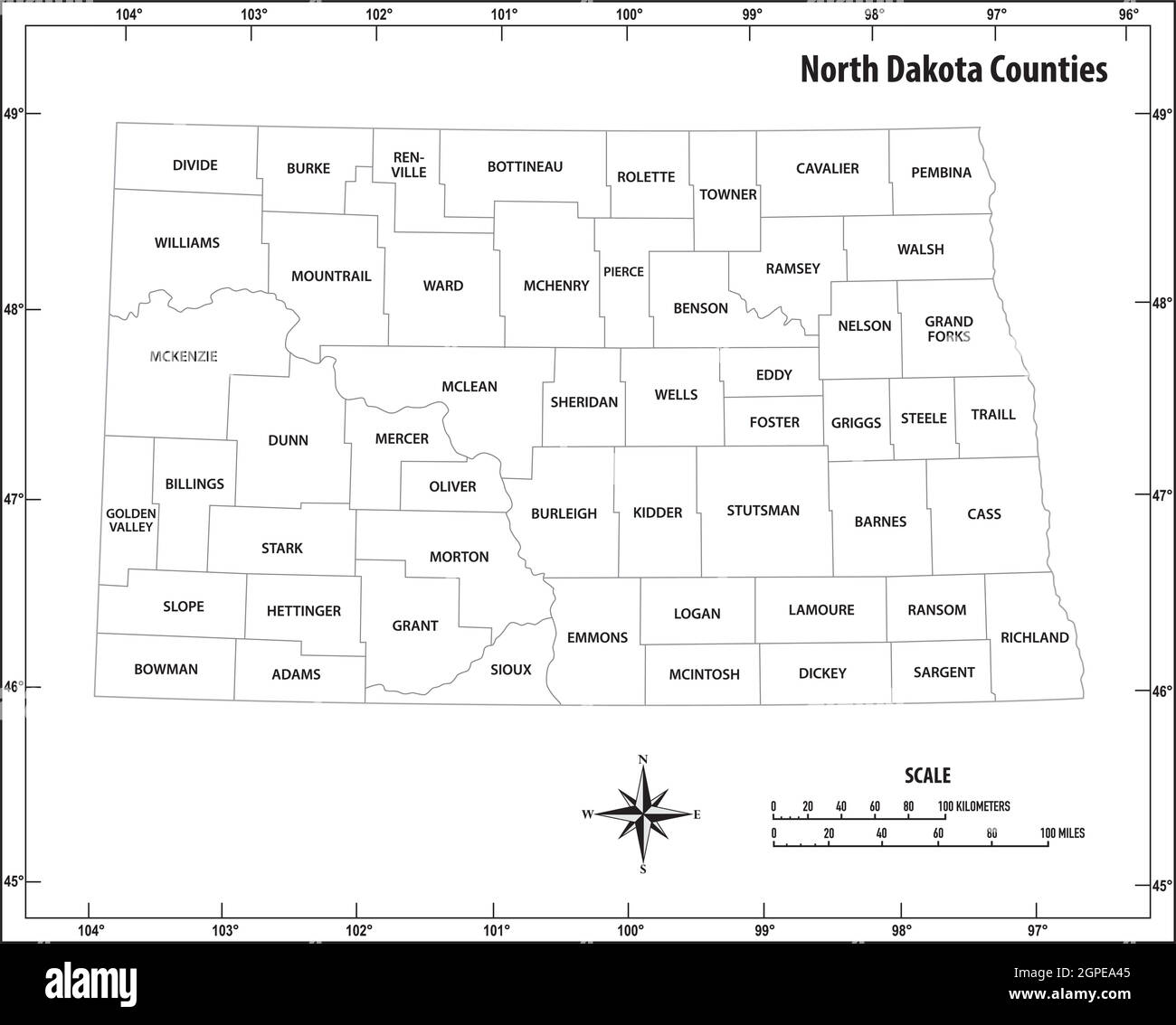 north dakota State skizzieren administrative und politische Vektor-Karte in Schwarz und Weiß Stock Vektor