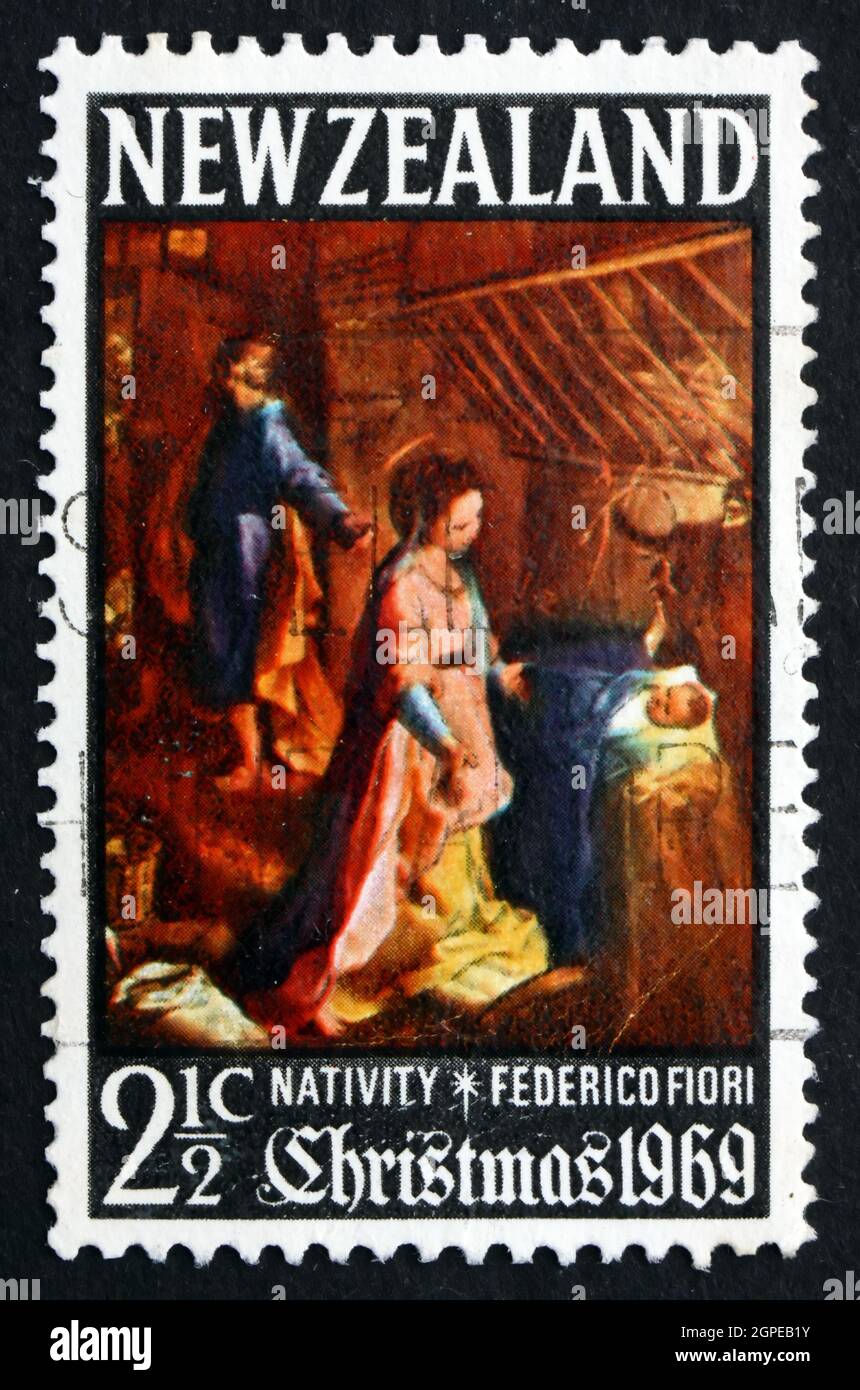 NEUSEELAND - UM 1969: Eine in Neuseeland gedruckte Briefmarke zeigt Geburt, Gemälde von Federico Fiori, Weihnachten, um 1969 Stockfoto NEUSEELAND - UM 1969: Eine in Neuseeland gedruckte Briefmarke zeigt Geburt, Gemälde von Federico Fiori, Weihnachten, um 1969 Stockfoto