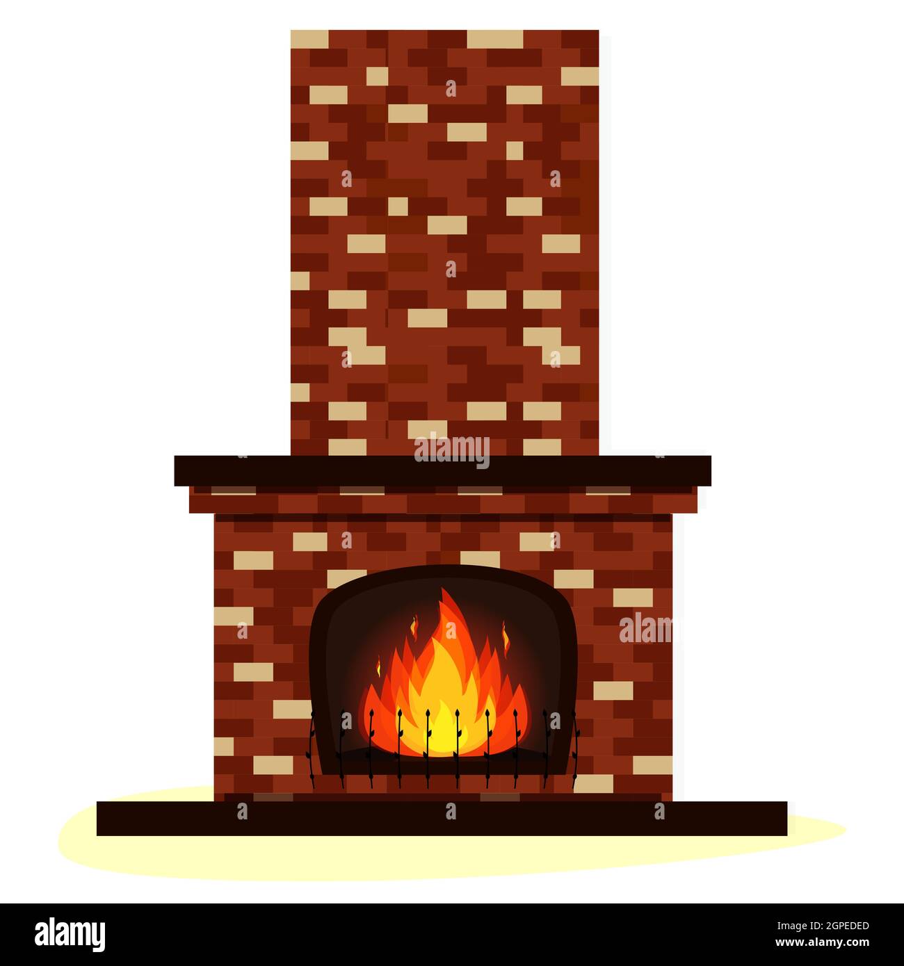 Alter traditioneller Ziegelkamin mit Feuer isoliert auf weiß. Vektorgrafik flach. Stock Vektor