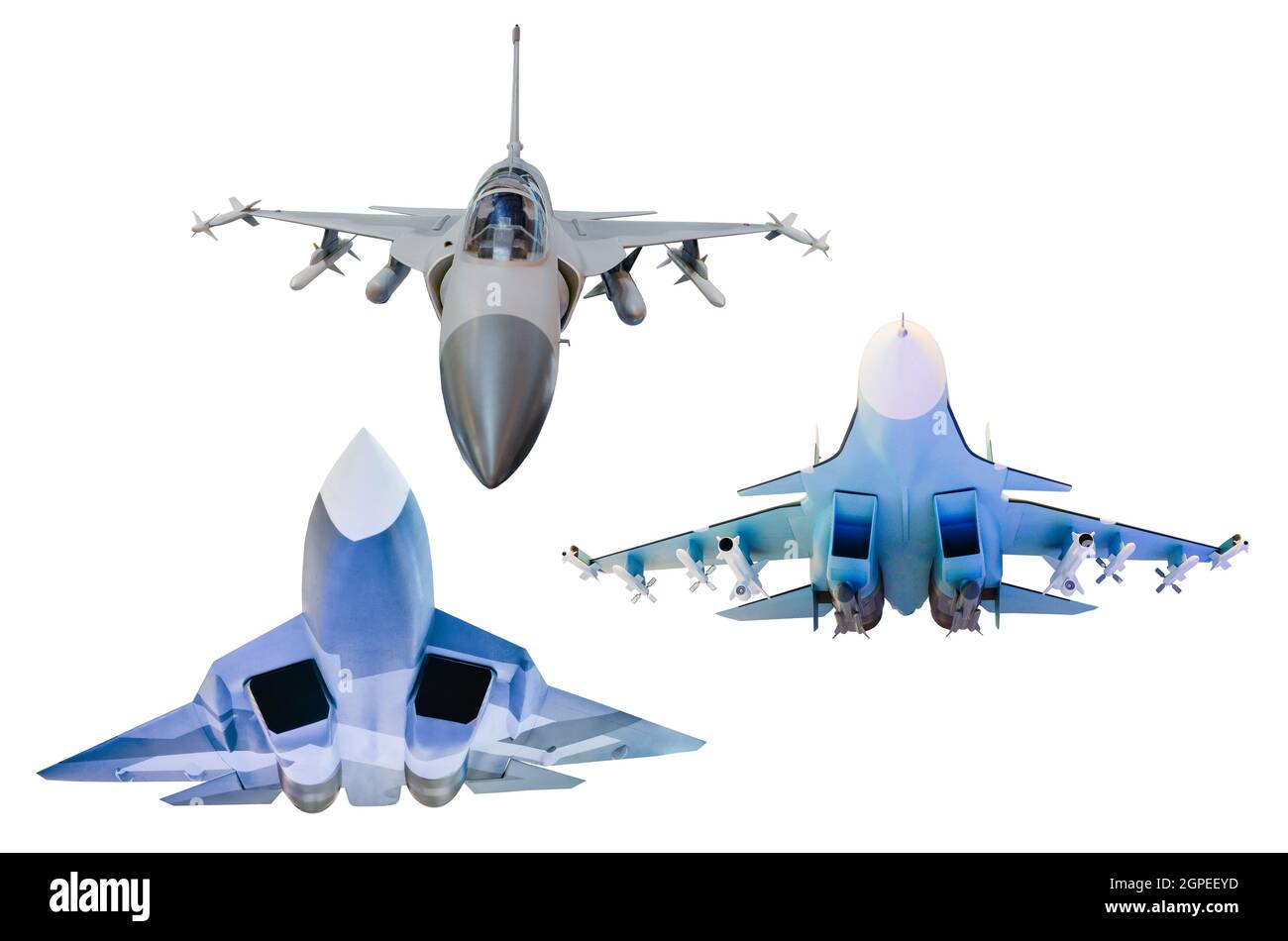 Satz von militärischen Flugzeugjägern isoliert auf weißem Hintergrund Stockfoto