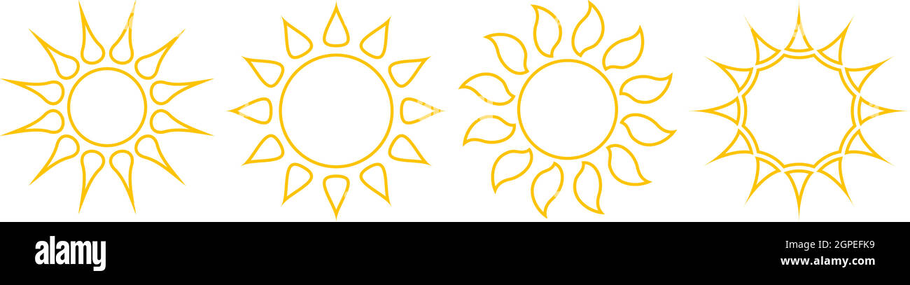 Satz von Sonnen- oder Sonnenkonturvektorsymbolen auf weißem, isoliertem Hintergrund. Stock Vektor