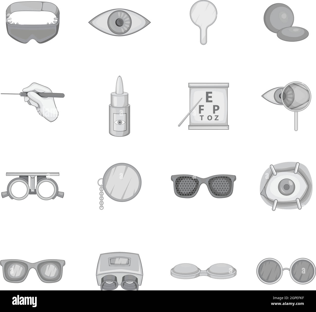 Augenheilkunde Icons set, grau Stil Monochrom Stock Vektor