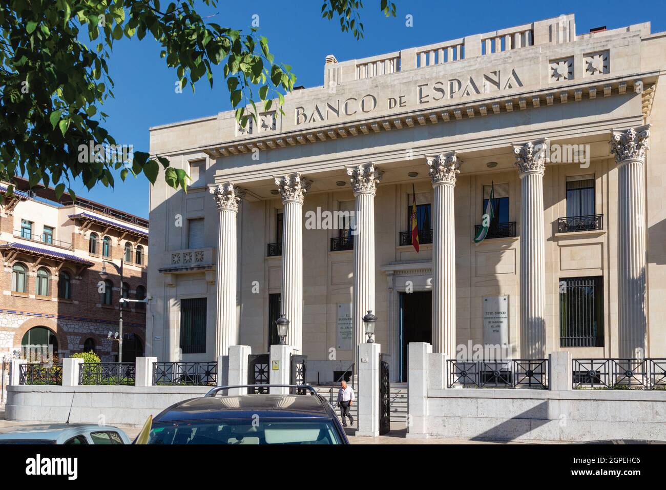 Neoklassizistisches Gebäude der Banco de España aus den 1930er Jahren. Zweigstelle Malaga. Malaga, Costa del Sol, Provinz Malaga, Andalusien, Südspanien. Stockfoto