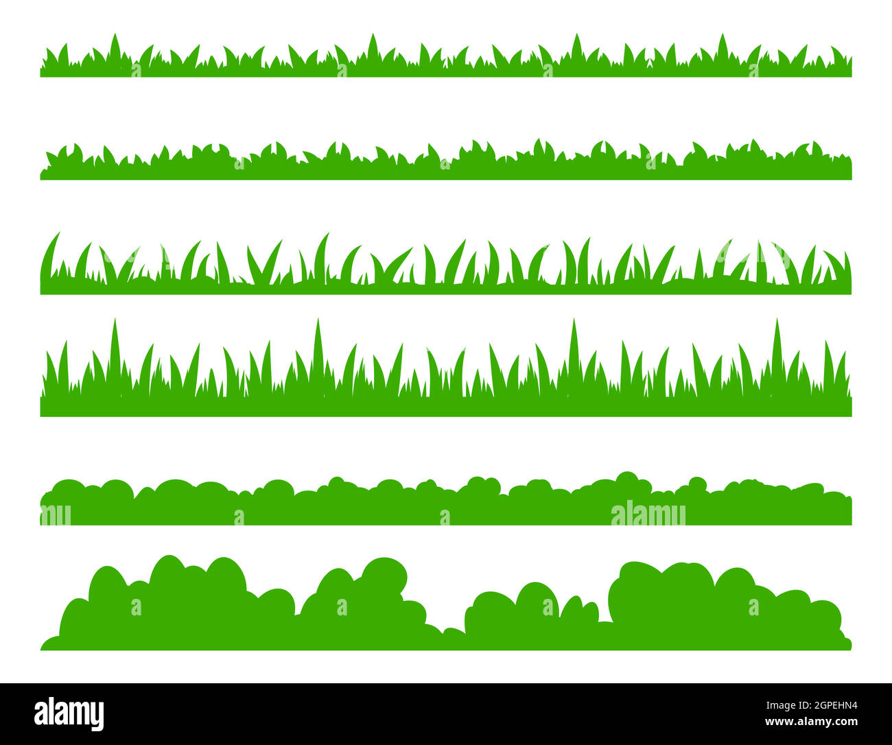 Grasnarbe. Einfache grüne Rasen Grenze Sammlung. Das Laubfeld im Frühling oder Sommer ist ideal für die Gestaltung von Wiesen oder Gärten. Flache Vektorgrafik isoliert auf weißem Hintergrund. Stock Vektor