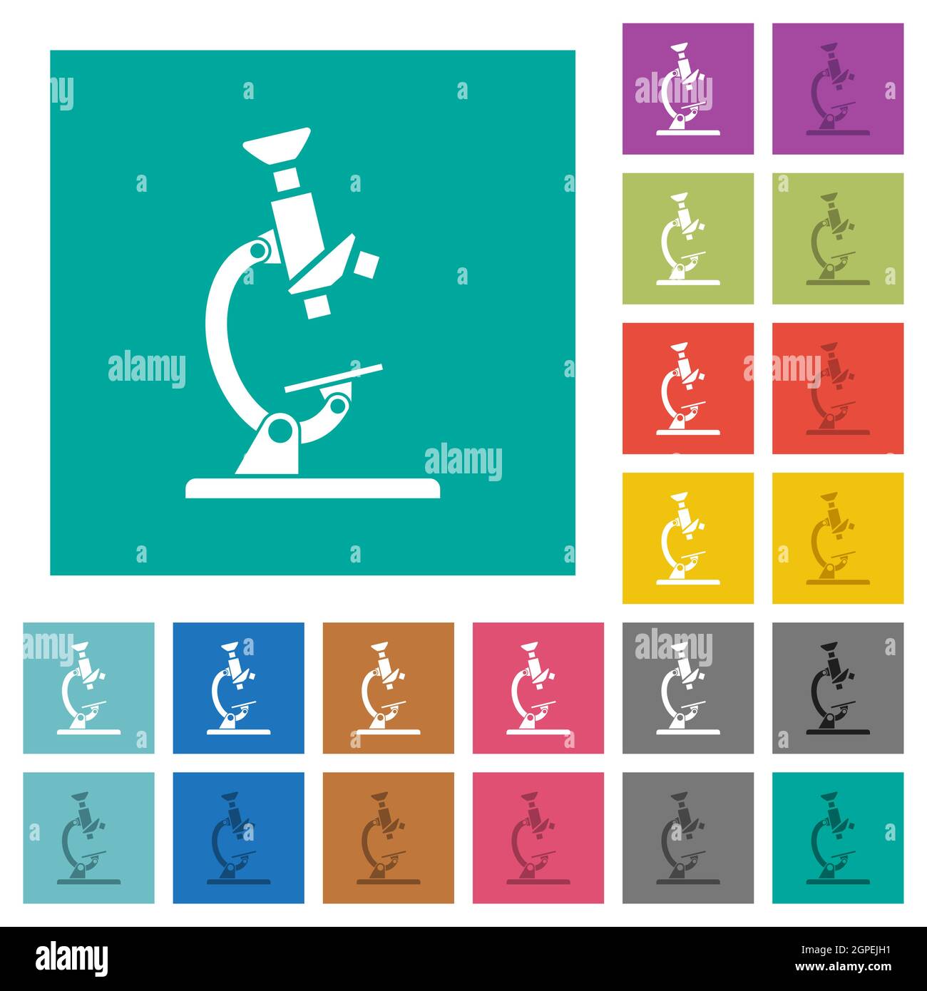 Mikroskopische mehrfarbige flache Symbole auf einfachen quadratischen Hintergründen. Weiße und dunklere Symbolvarianten für schwebe- oder aktive Effekte. Stock Vektor