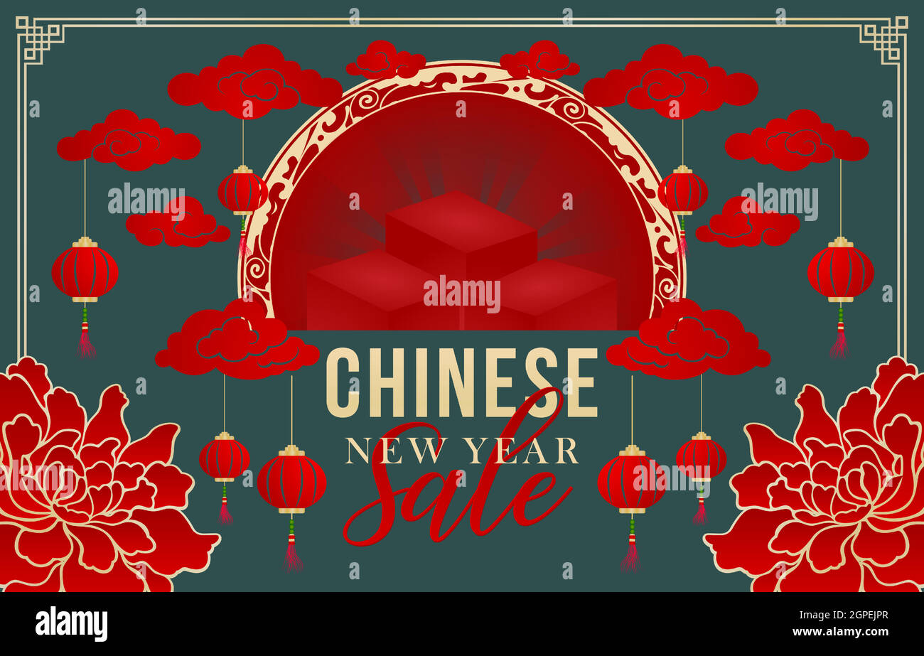 Chinesischer Neujahrsverkauf mit dunkelgrünen Hintergründen. Happy Chinese New Year Sale mit Flower Peony und Laterne, anwendbar für Banner, Grußkarten, Flyer, Poster, Social Media und Store. Stock Vektor