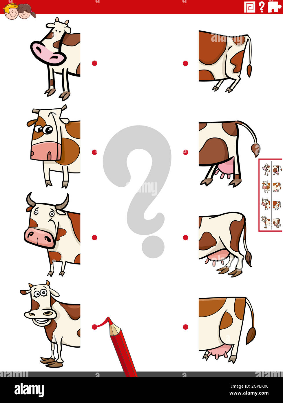 Spiel Hälften von Bildern mit Kühen Lernspiel Stock Vektor