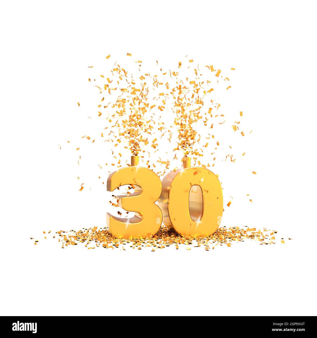 30 Jahre goldenes 3d-Wort auf weißem Hintergrund - 3D-Rendering Stockfoto