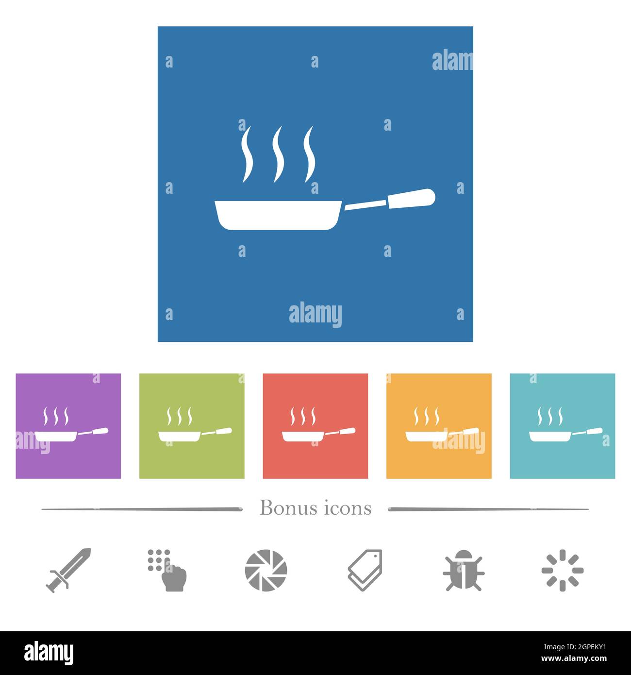 Dampfende Bratpfanne Seitenansicht flache weiße Symbole auf quadratischen Hintergründen. 6 Bonus-Symbole enthalten. Stock Vektor