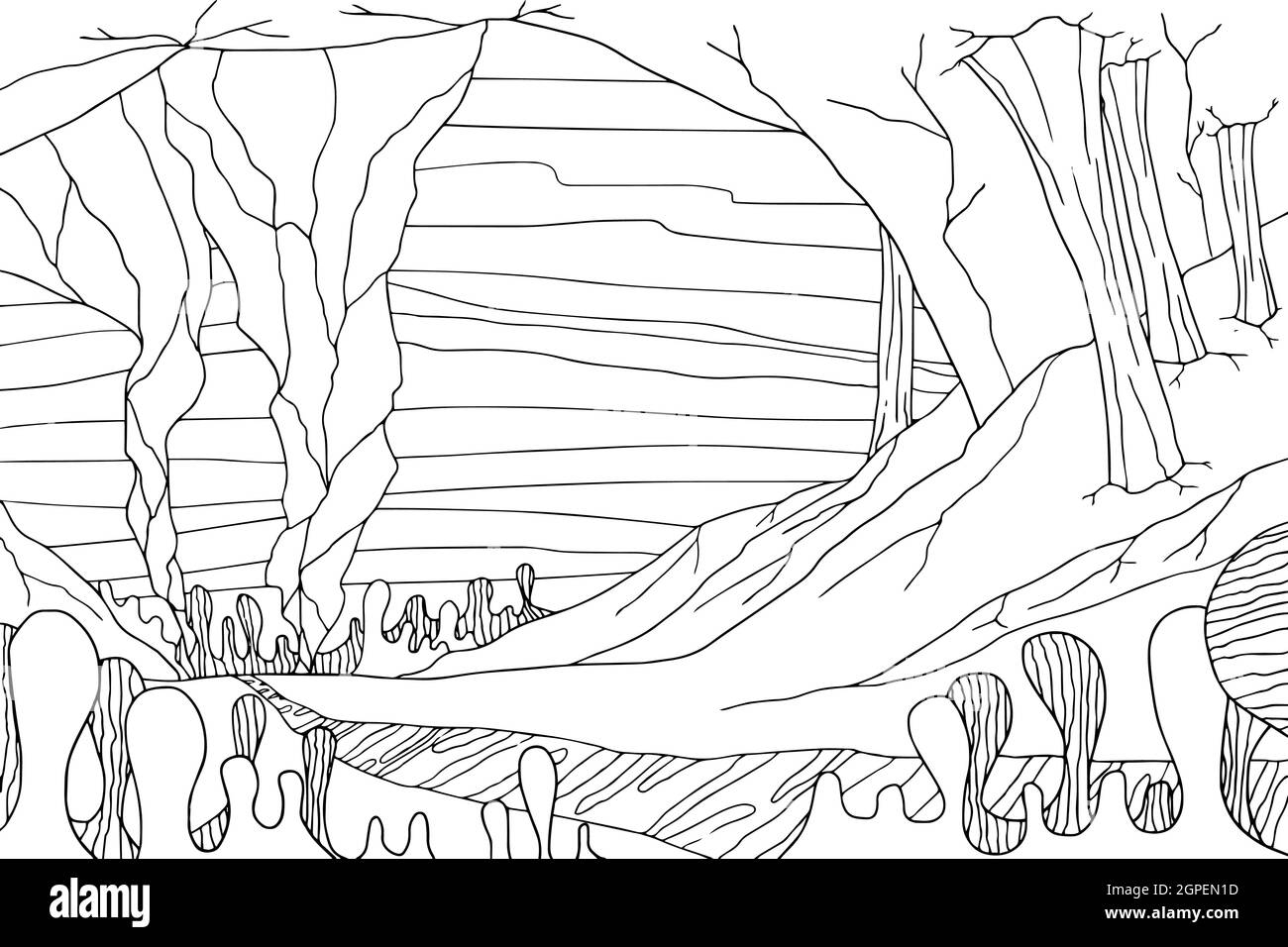 Doodle Alien Fantasy Landschaft mit großen Felsen Malvorlagen für Erwachsene. Fantastische psychedelische Grafik. Vektor von Hand gezeichnet einfach flach illustrat Stock Vektor