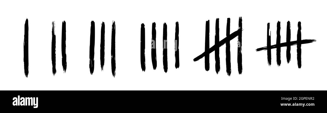 Markieren Sie die Zahlenreihen an der Wand. Handgezeichnete Stöcke zum Zählen der Zeit im Gefängnis. Vektorgrafik Design-Set. Stock Vektor