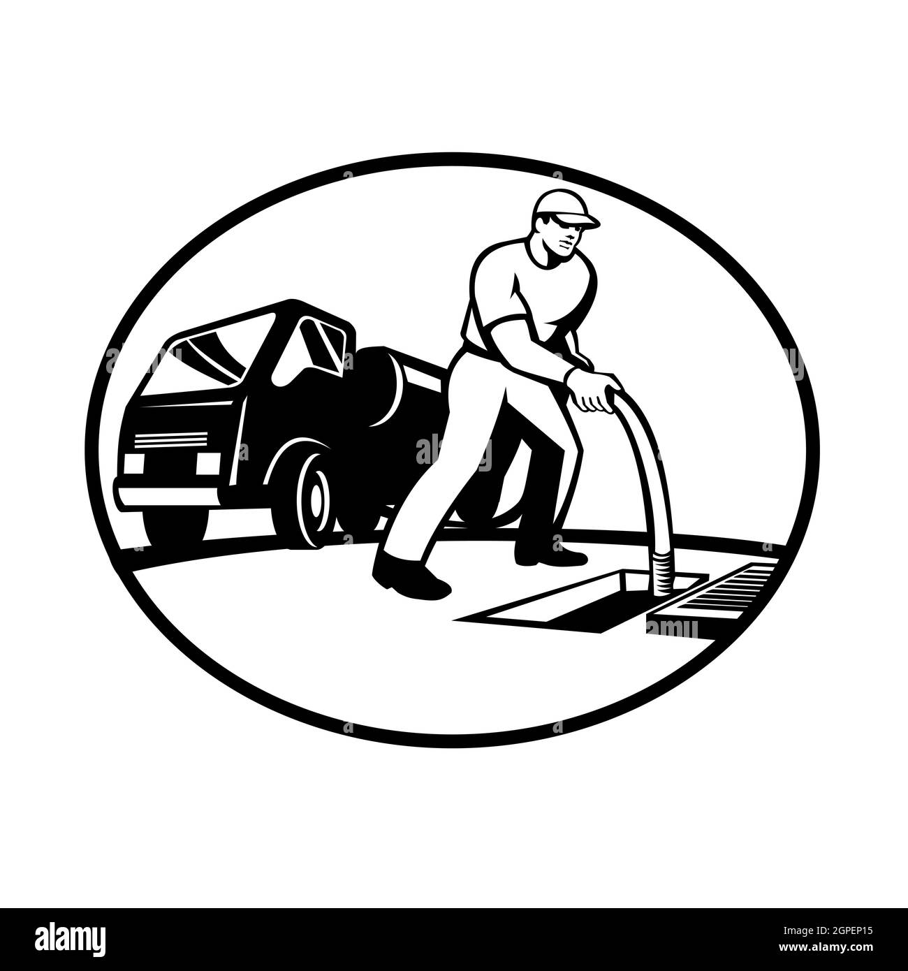 Drainage Surgeon Entsperren der Drainage mit Hydro Unit Oval Retro Black and White Stockfoto