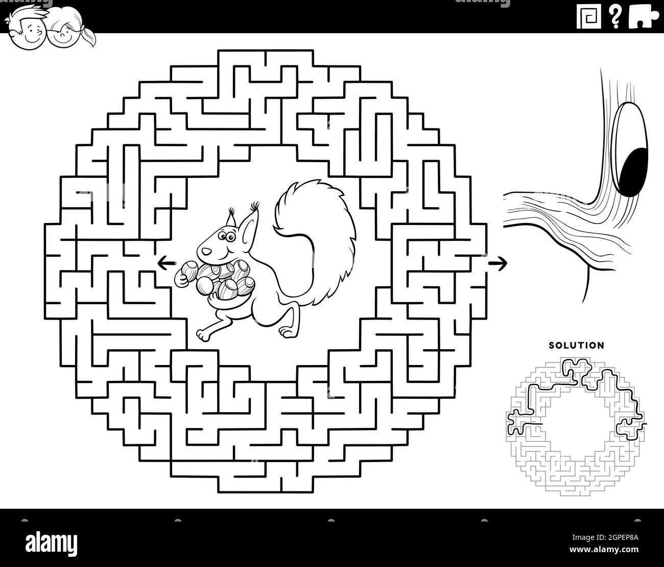 Maze Spiel mit Eichhörnchen mit Akkordeon Malbuch Seite Stock Vektor