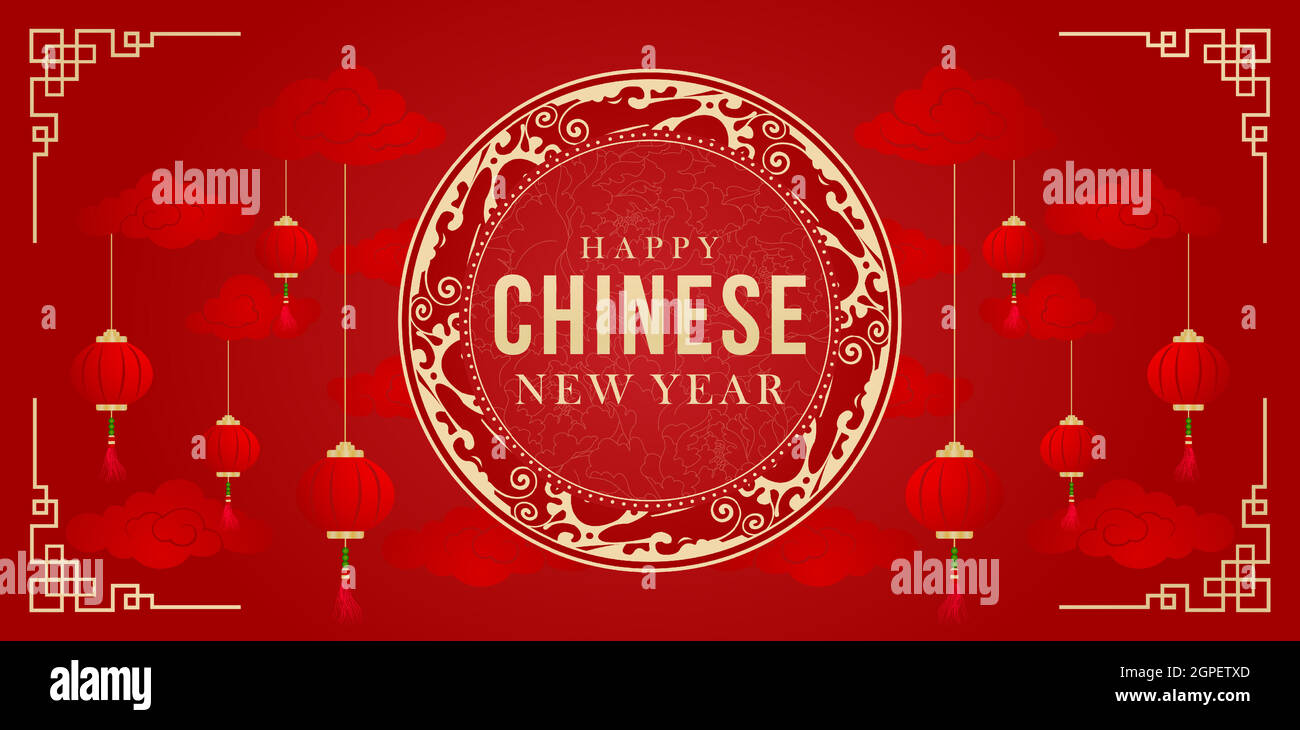 Frohes chinesisches Neujahr mit rotem Hintergrund und Laterne, anwendbar für Banner, Grußkarten, Flyer, Poster Stock Vektor