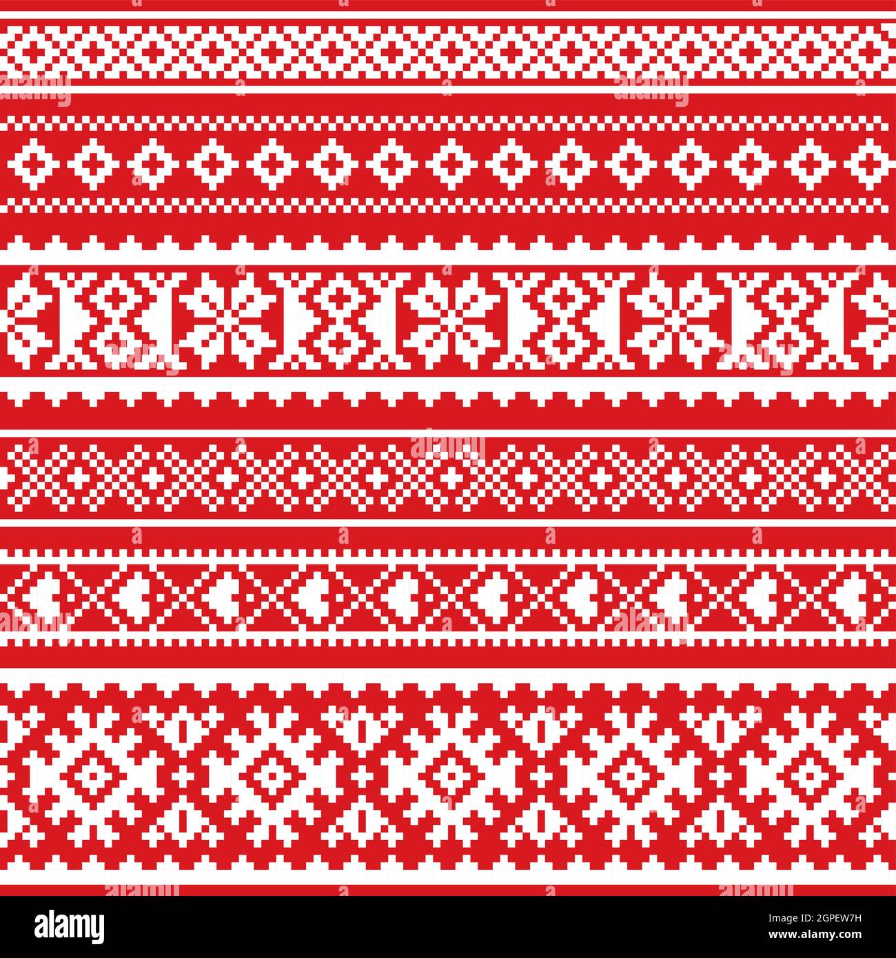Sami Vektor nahtlose Muster, Lappland Volkskunst, traditionelle Strick-und Stickdesign in weiß auf rotem Hintergrund Stock Vektor