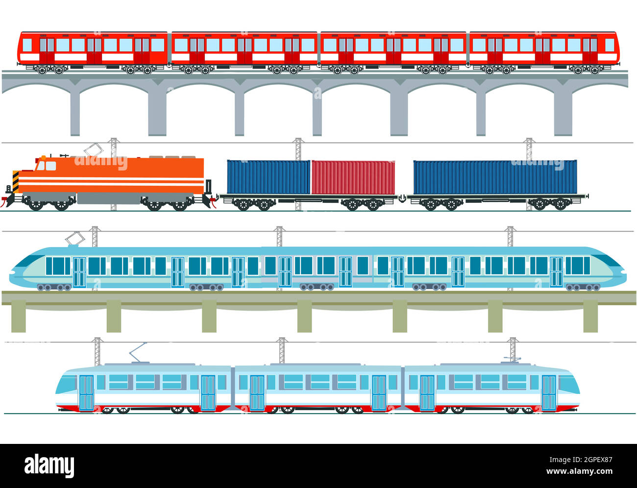 Set von modernen Personenzügen, U-Bahn-Verkehr, Hochgeschwindigkeitszüge und U-Bahn, Straßenbahn, Güterzug Stock Vektor