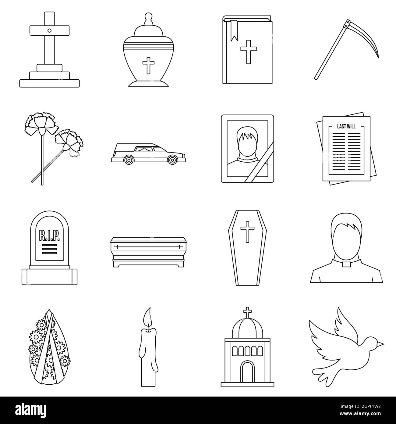 Beerdigung Icons Set, Umriss-Stil Stock Vektor