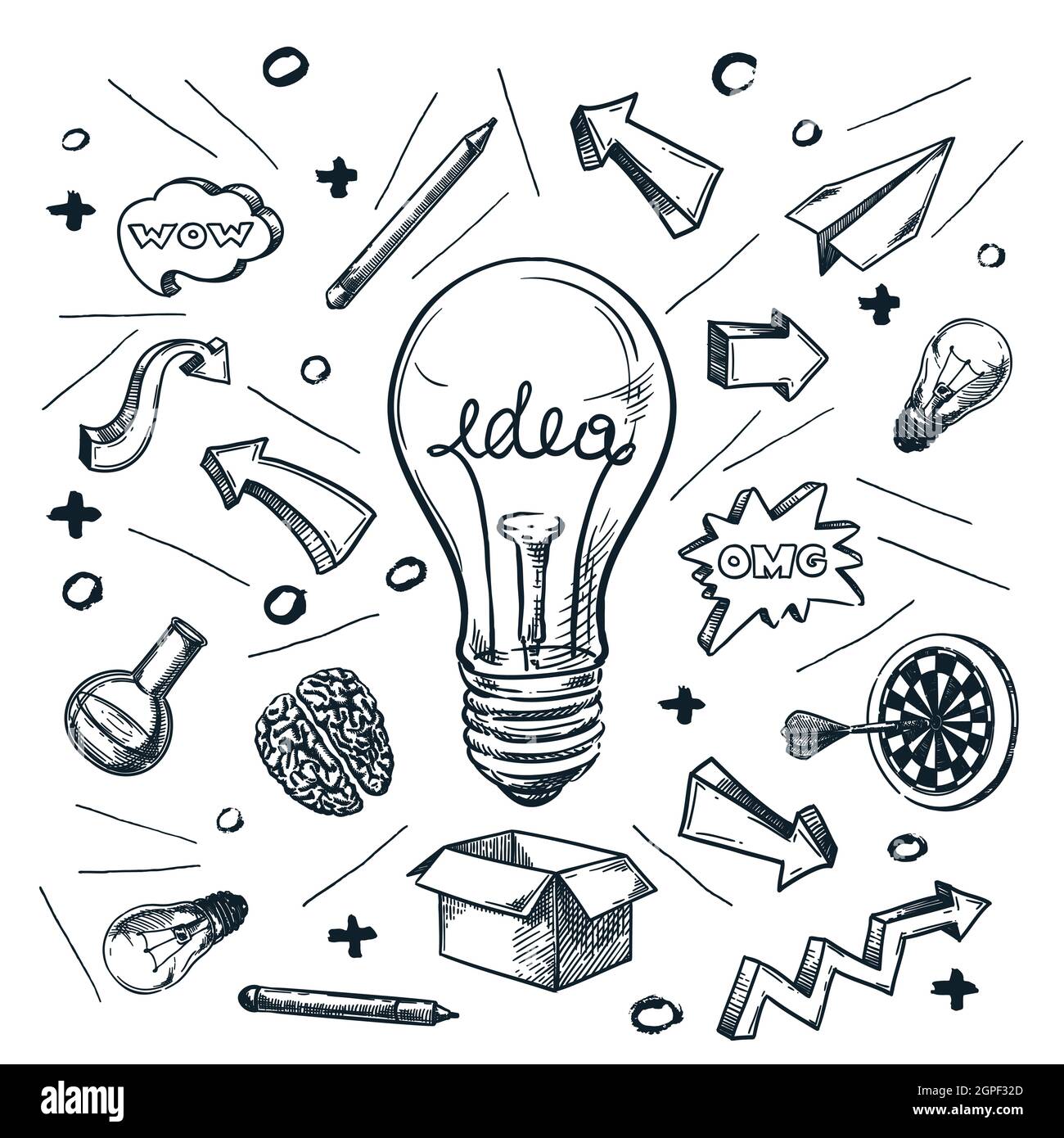 Erfolgreiche Idee und Startup-Konzept. Vektor handgezeichnete Skizzendarstellung isoliert auf weißem Hintergrund. Kreative Glühbirne Doodle abstrakt Stock Vektor