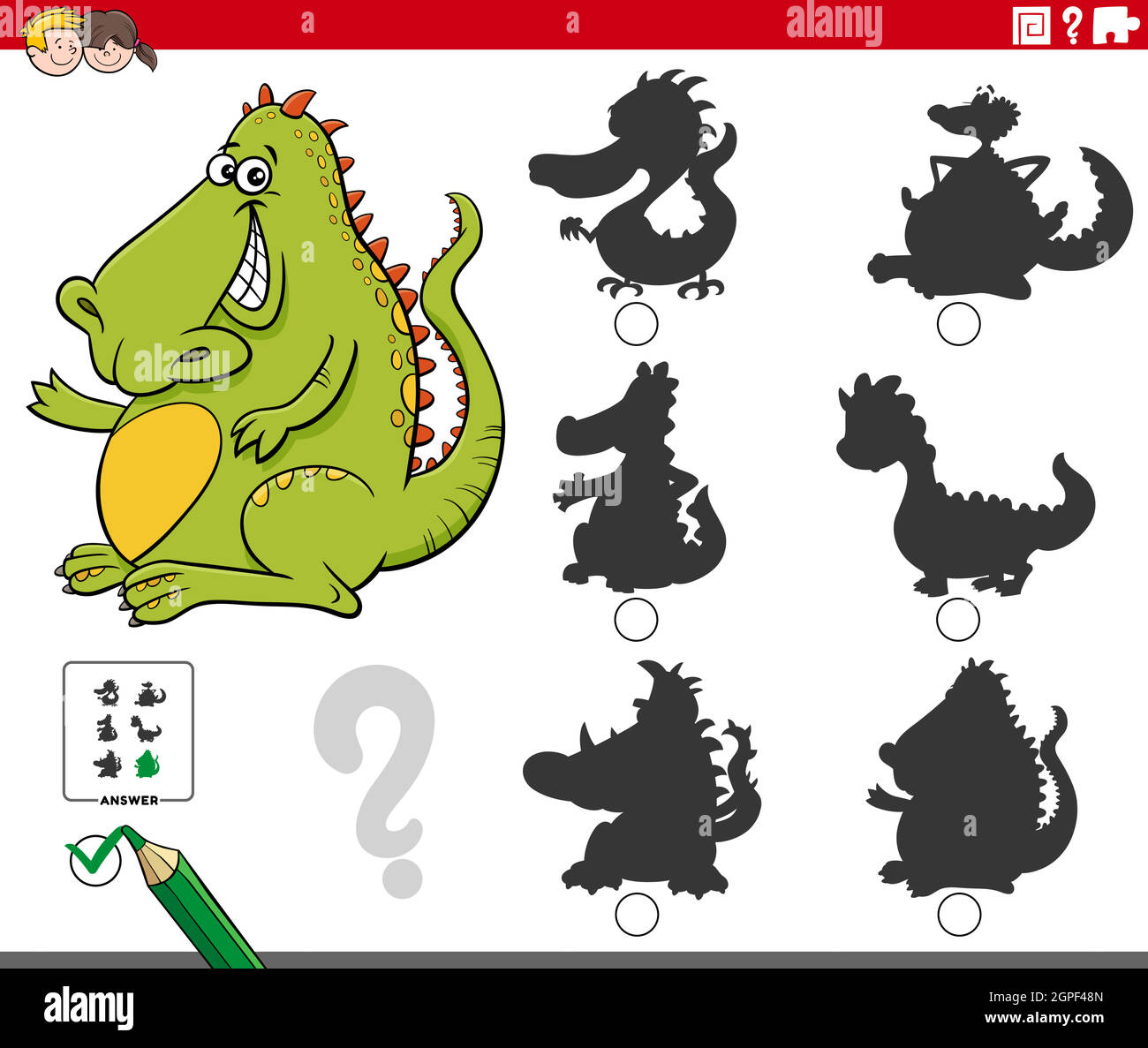 Shadows Aufgabe mit Cartoon Drachen Fantasy-Charakter Stock Vektor