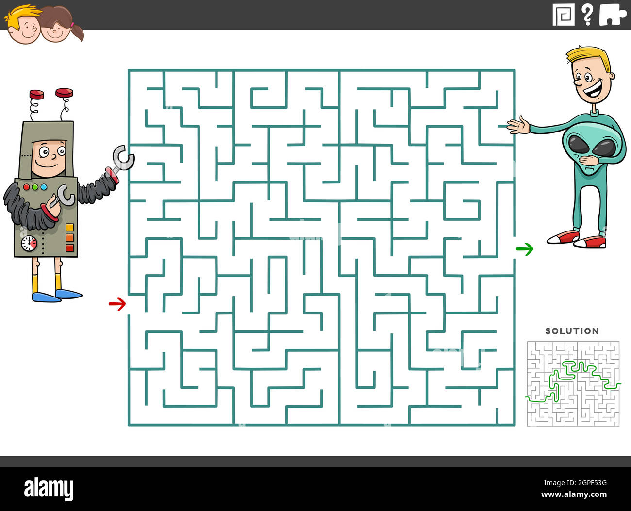 Labyrinth pädagogisches Spiel mit Jungen auf Kostüm-Party Stock Vektor