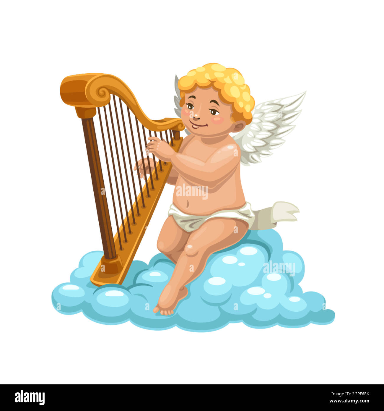 Amor-Engel spielt Harfe auf Wolke, Valentinstag Stock Vektor