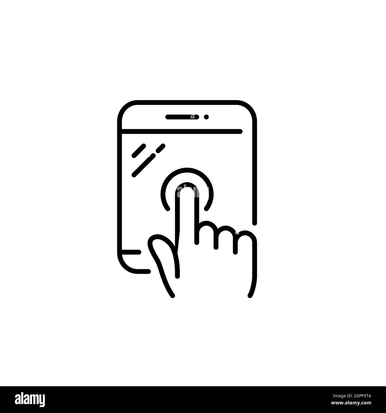 Tippen Sie mit der Hand auf das Tablet. Smart Gadget Touchscreen-Geste. Pixelgenaue, bearbeitbare Kontur Stock Vektor