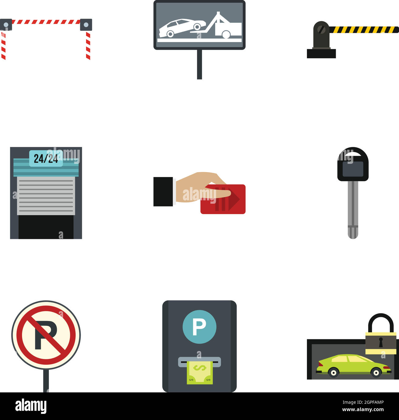 Parkplatz Bahnhof Icons set, flach Stil Stock Vektor