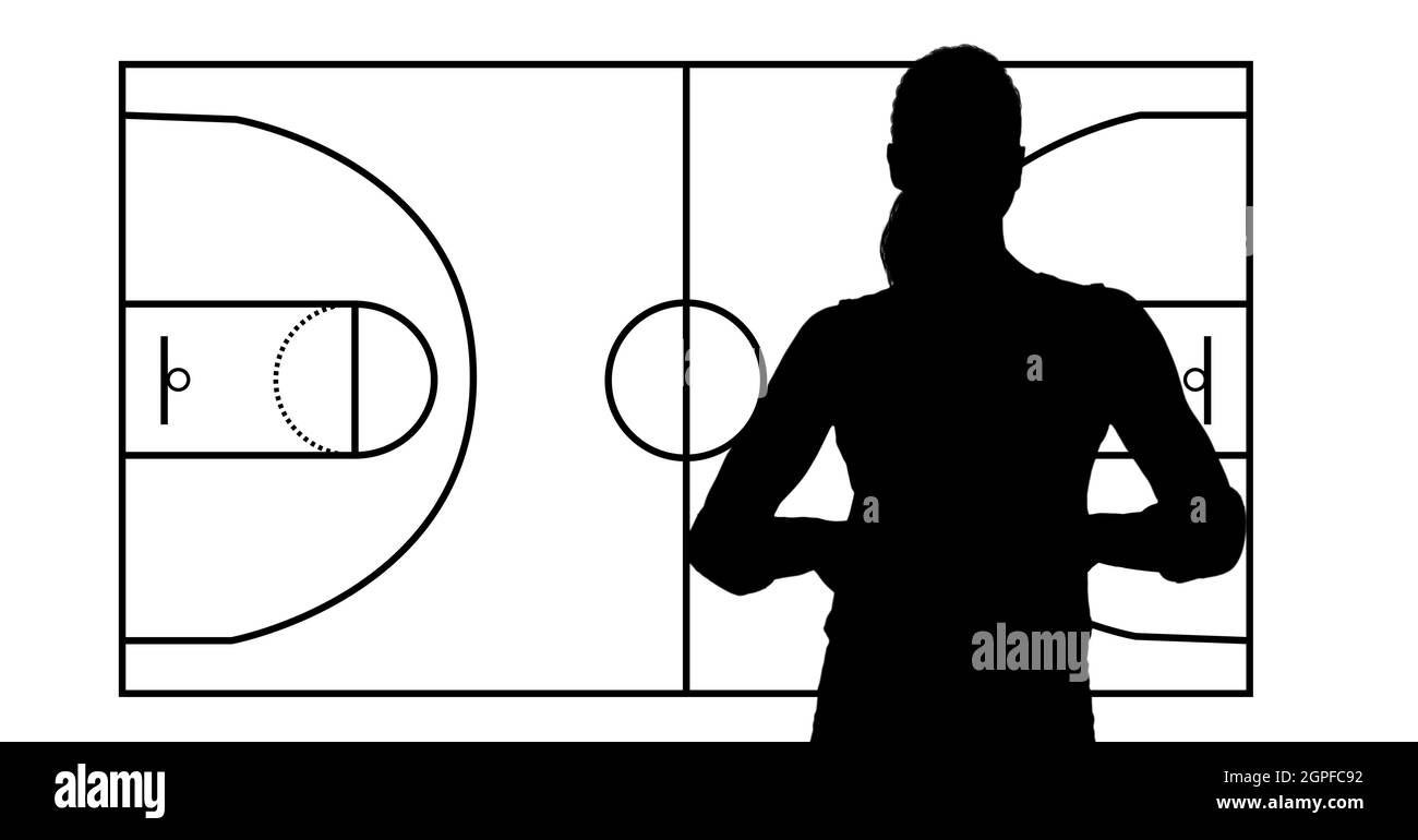 Silhouette der weiblichen Handballspielerin gegen Handballfeld Layout auf weißem Hintergrund Stockfoto