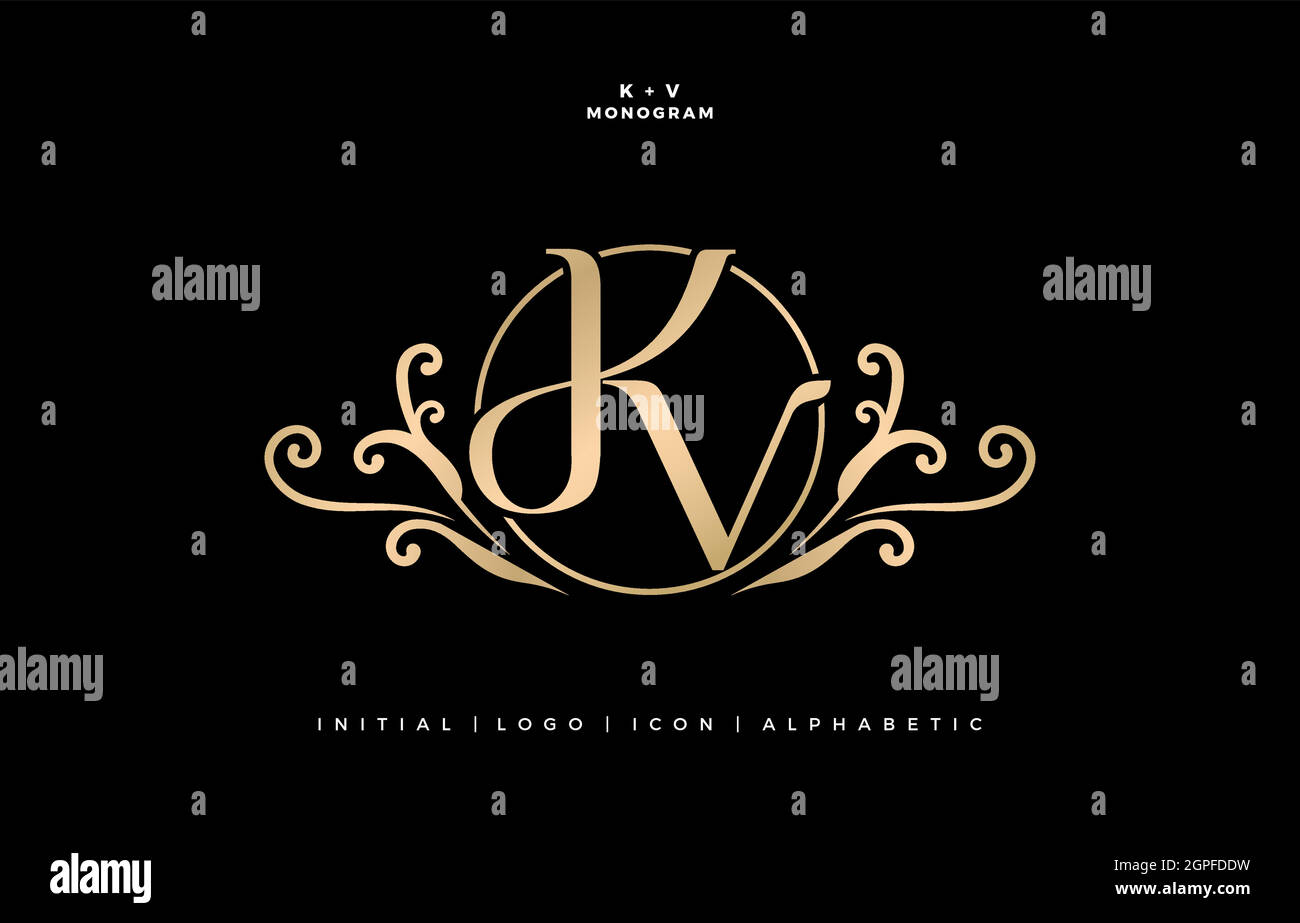 KV- oder DKV-Anfangsbuchstabe und Grafikname, KV-Monogramm, für Hochzeitslogo, Logo-Firma und Icon-Geschäft, mit goldenen Farben Designs mit isolierten schwarzen Hintergründen Stock Vektor