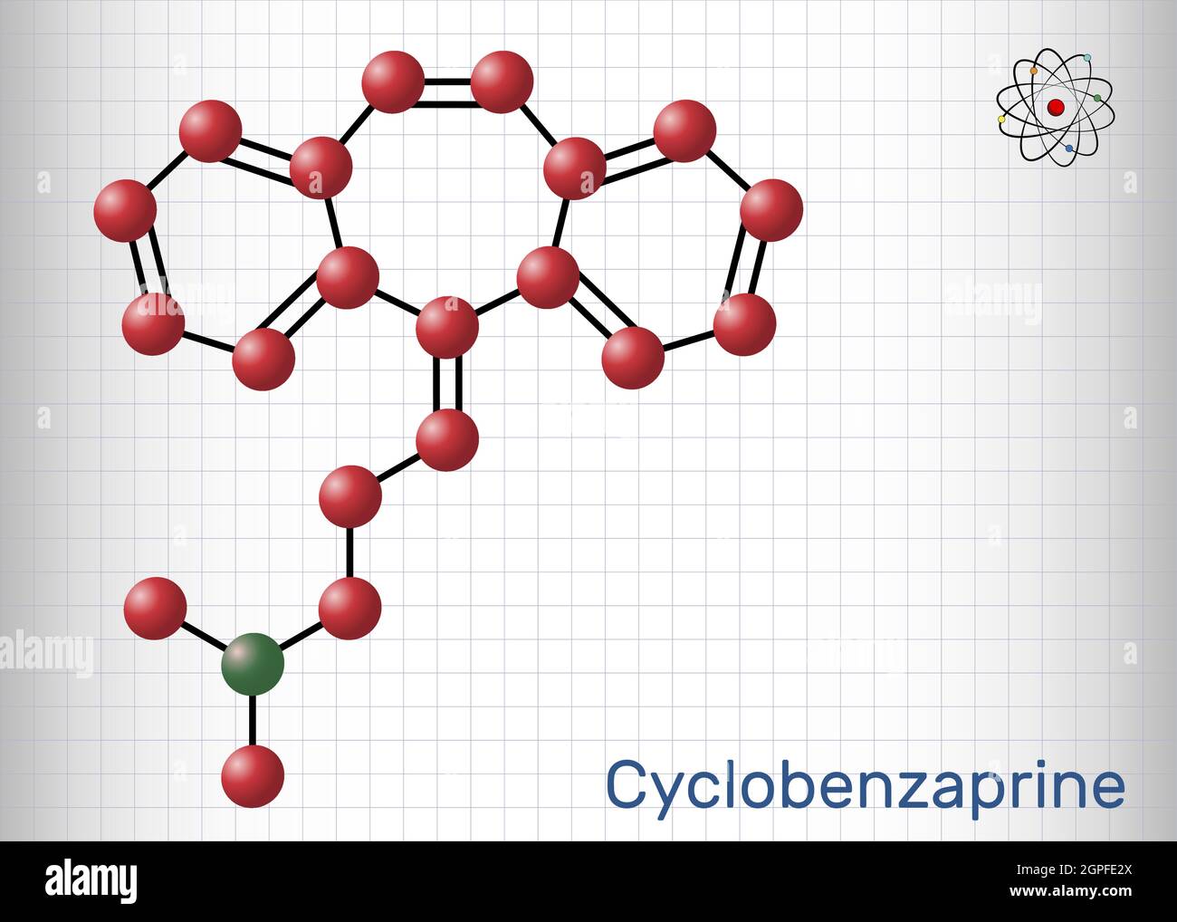 Cyclobenzaprin, Molekül. Es ist zentral wirkende Muskelrelaxans. Strukturelle chemische Formel und Molekülmodell. Blatt Papier in einem Käfig Stock Vektor