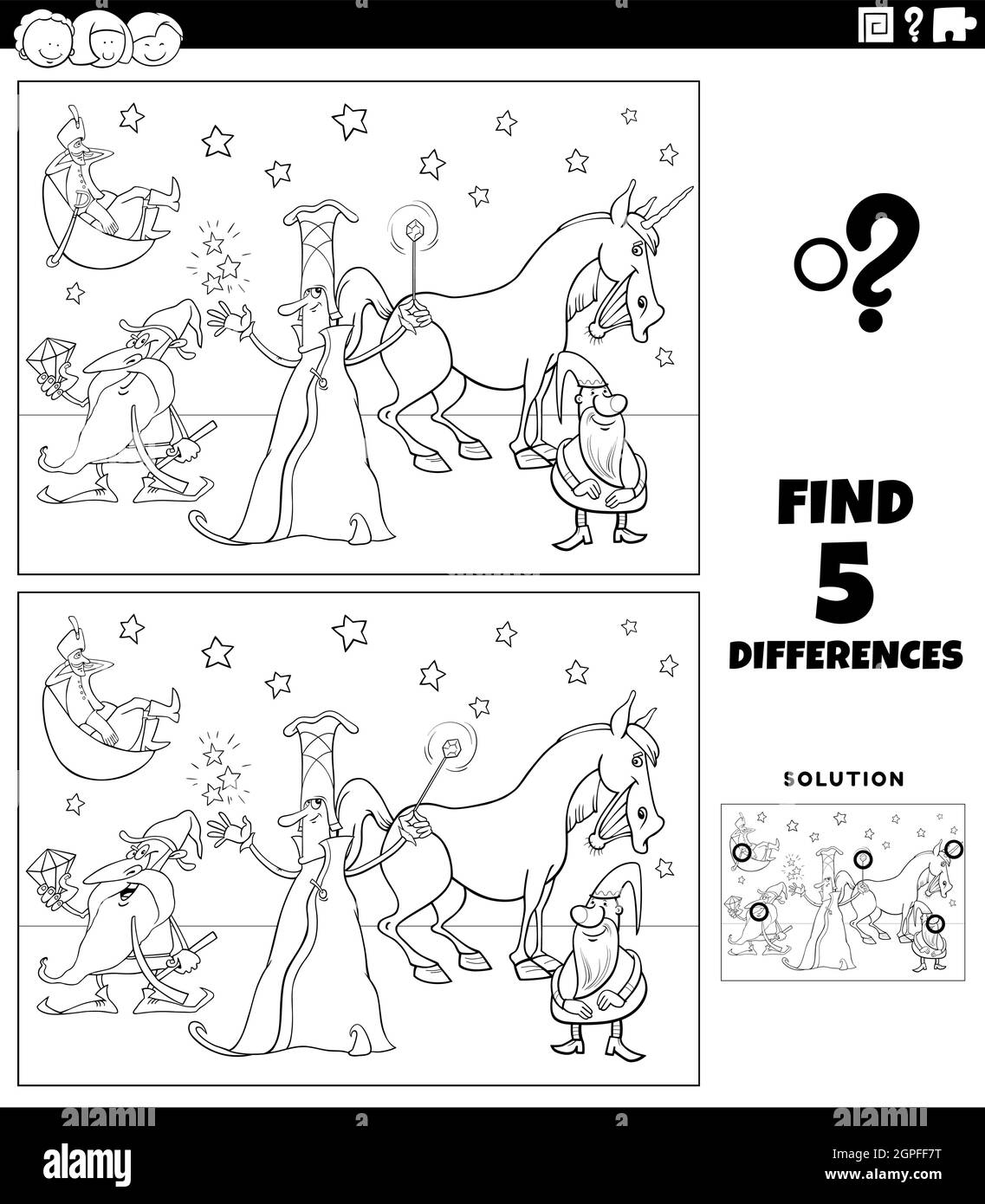 Unterschiede Spiel mit Fantasy-Charaktere Farbe Buchseite Stock Vektor