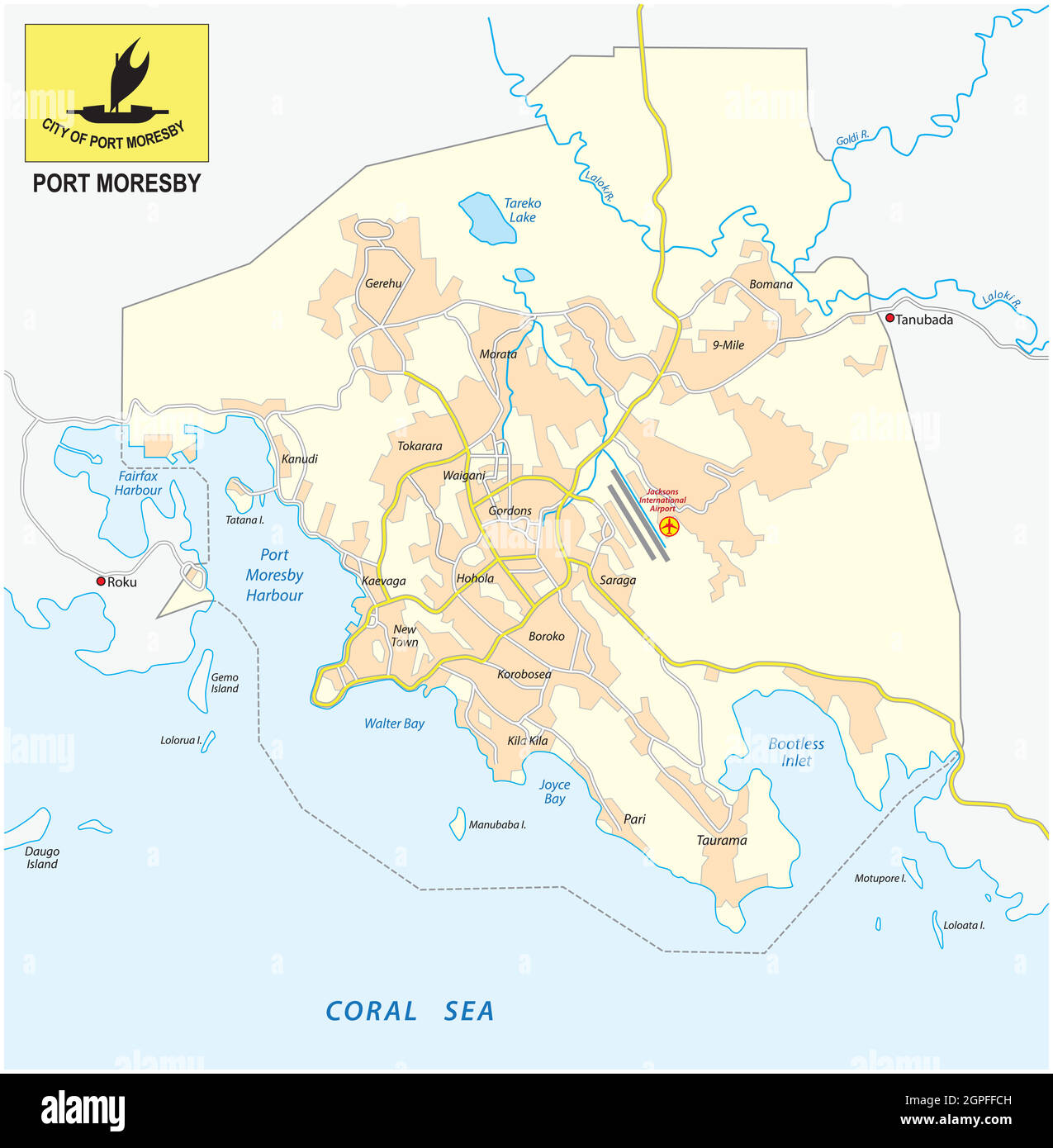 Stadtplan von Port Moresby, der Hauptstadt von Papua New Guinea Stock Vektor