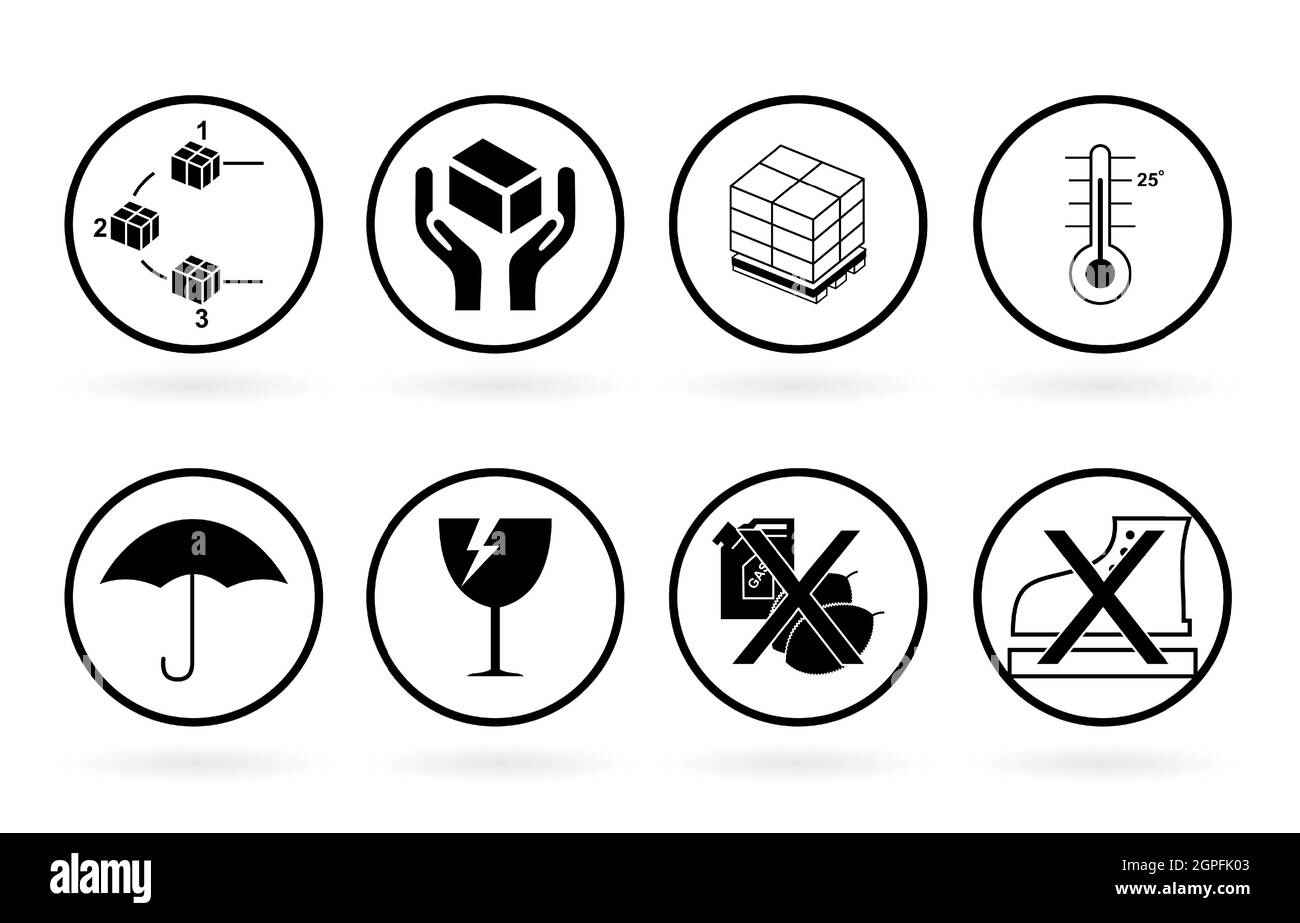 Verpackung Symbol fragile Set Sammlung. Zerbrechliche Verpackungssymbole, die mit Sorgfalt Logistik- und Versandetiketten verarbeitet werden. Fragile Box, Ladung Warnung Vektor-Zeichen Stock Vektor