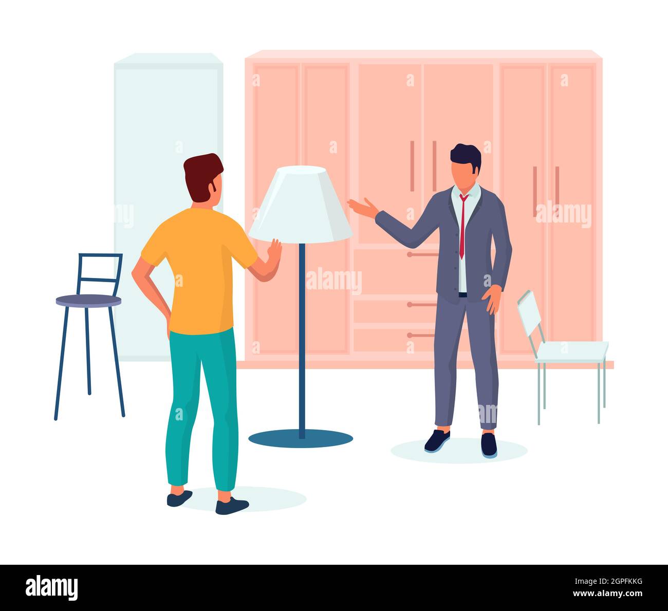 Shop Assistant hilft dem Käufer, eine Lampe für den Innenraum des Schlafzimmers zu wählen, Vektorgrafik. Möbelgeschäft Einzelhandel Stock Vektor