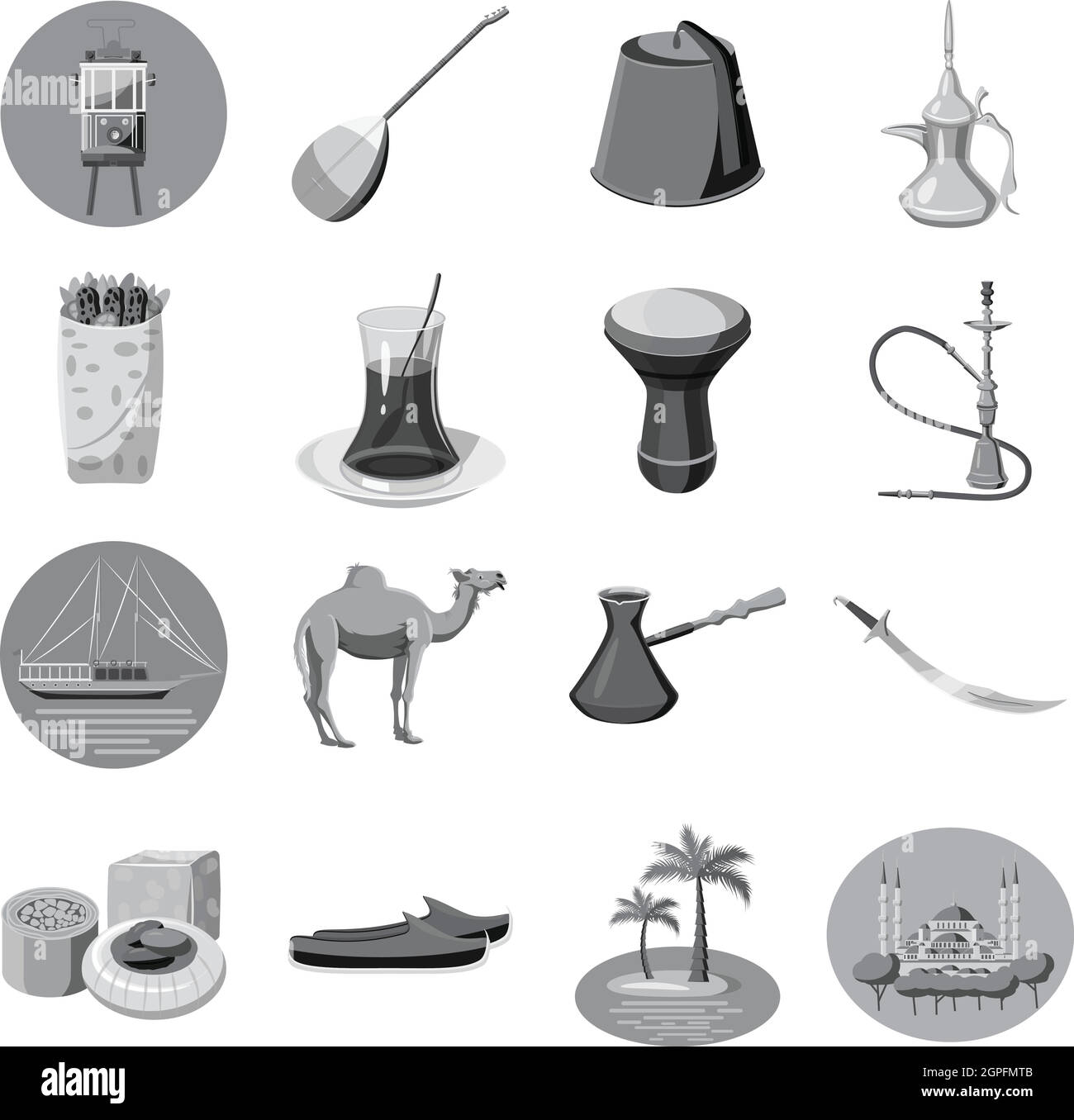 Türkei-Symbole-Set, grauen Stil Monochrom Stock Vektor
