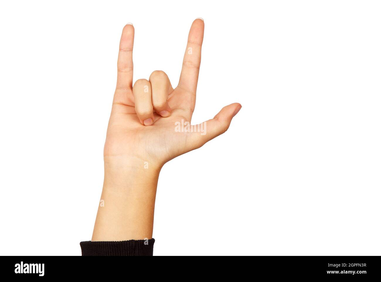 amerikanische Zeichensprache. Weibliche Hand zeigt Ich liebe dich. isoliert auf weißem Hintergrund Stockfoto
