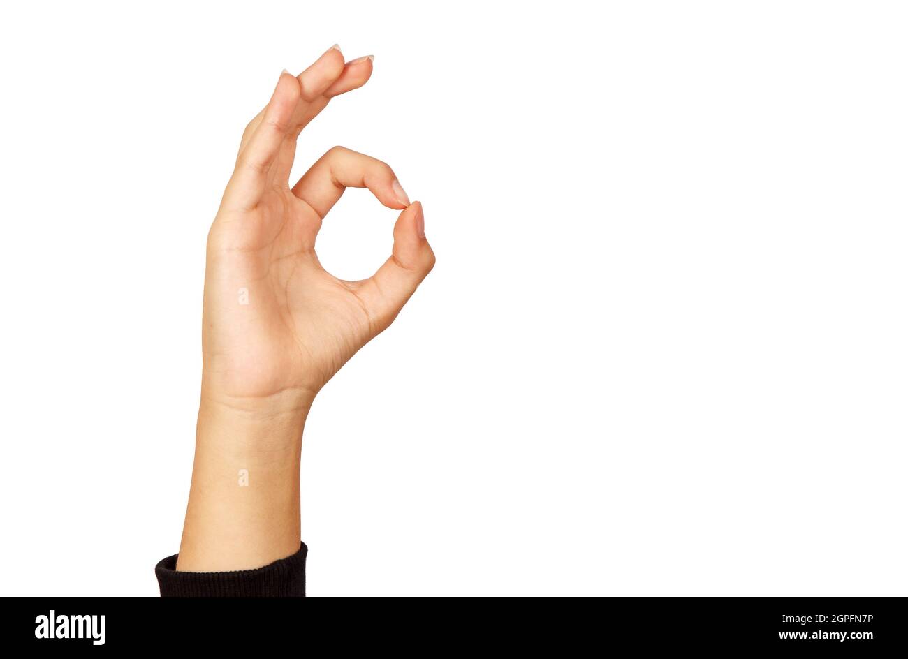 amerikanische Zeichensprache. Weibliche Hand zeigt alles ok. Isoliert auf weißem Hintergrund Stockfoto