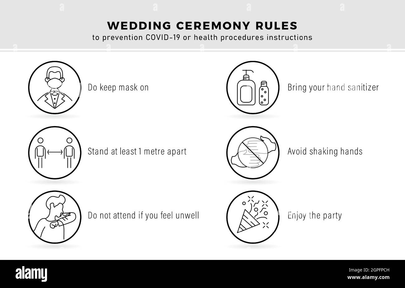 Hochzeit oder Heiratszeremonie Regeln, zur Prävention covid-19 oder Gesundheit Verfahrensanweisung. Linien Designs mit isolierten weißen Hintergrund. Stock Vektor