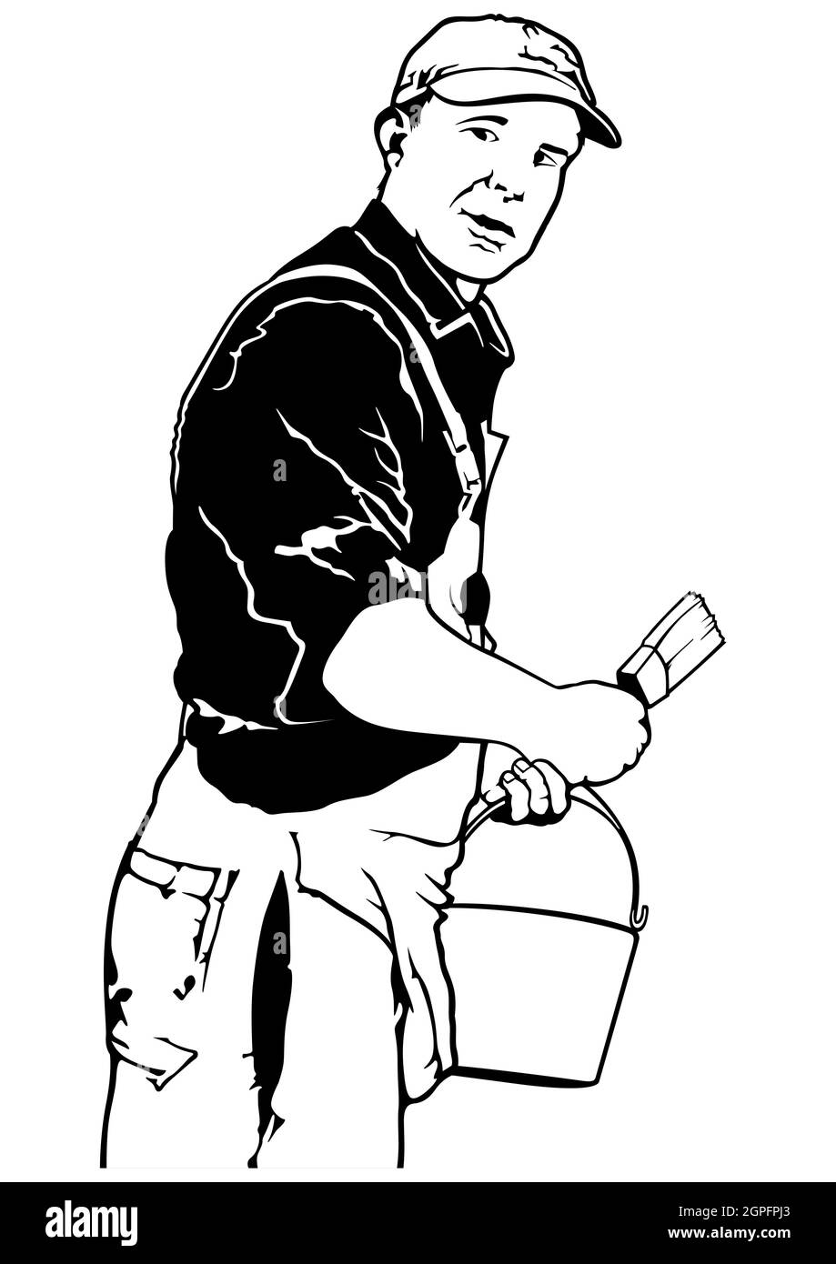 Malermann mit Eimer und Pinsel Stock Vektor