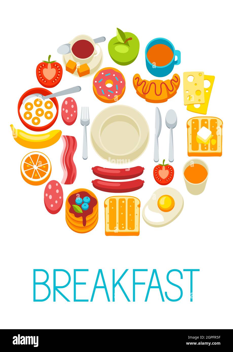 Gesundes Frühstück Hintergrund. Verschiedene Speisen und Getränke. Illustration für Cafés, Restaurants und Hotels. Stock Vektor