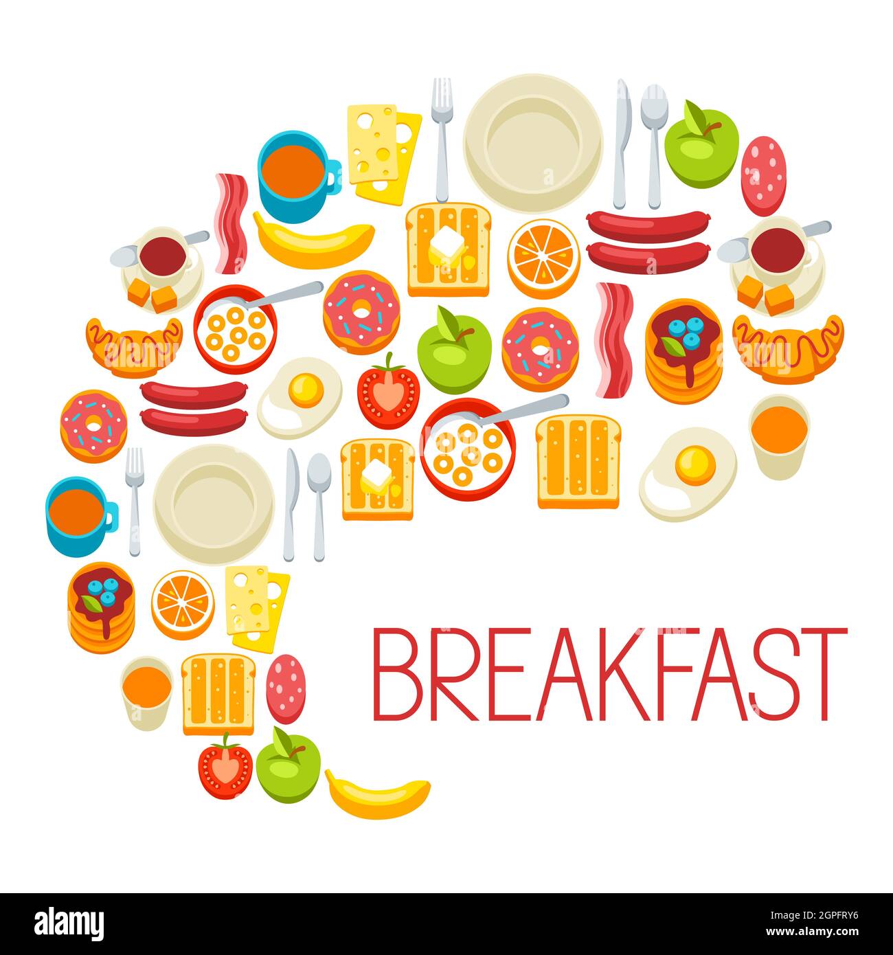 Gesundes Frühstück Hintergrund. Verschiedene Speisen und Getränke. Illustration für Cafés, Restaurants und Hotels. Stock Vektor