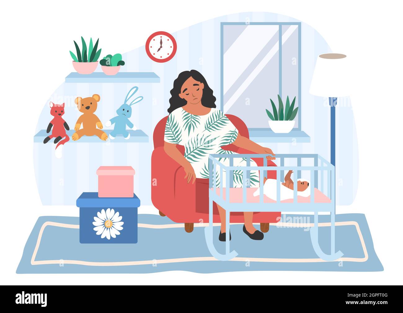 Müde depressive Mutter sitzt im Sessel von Baby-Krippe, flache Vektor-Illustration. Elterlicher Stress, postnatale Depression. Stock Vektor
