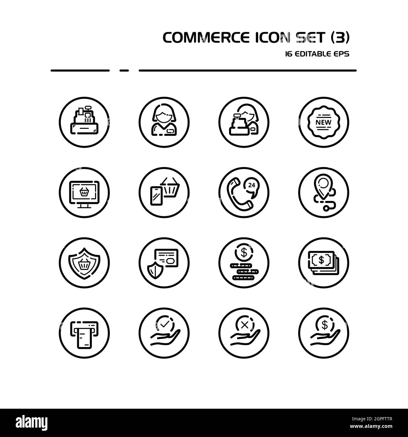 Symbol für die Handelslinie in einem Kreis gesetzt. Personen, Kassierer, Telefon, Sicherheit, Ticket, Geld und Hände. Isolierte Gruppe. Vektorgrafik Stock Vektor